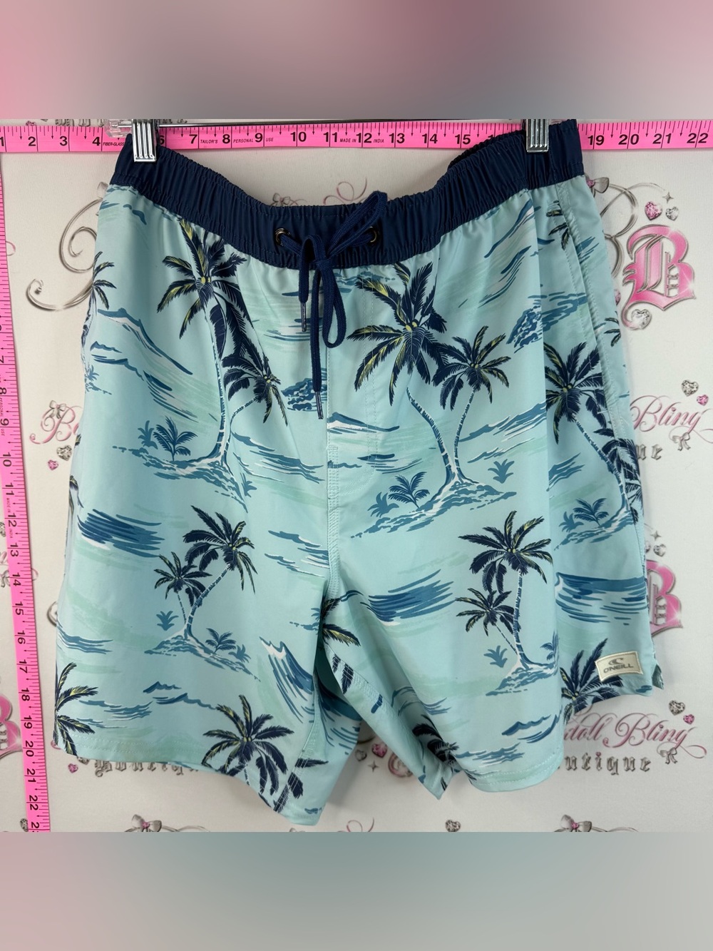 O'Neill Light Blue Palm Print Swim Shorts with Navy Waistband Hawaii tiki